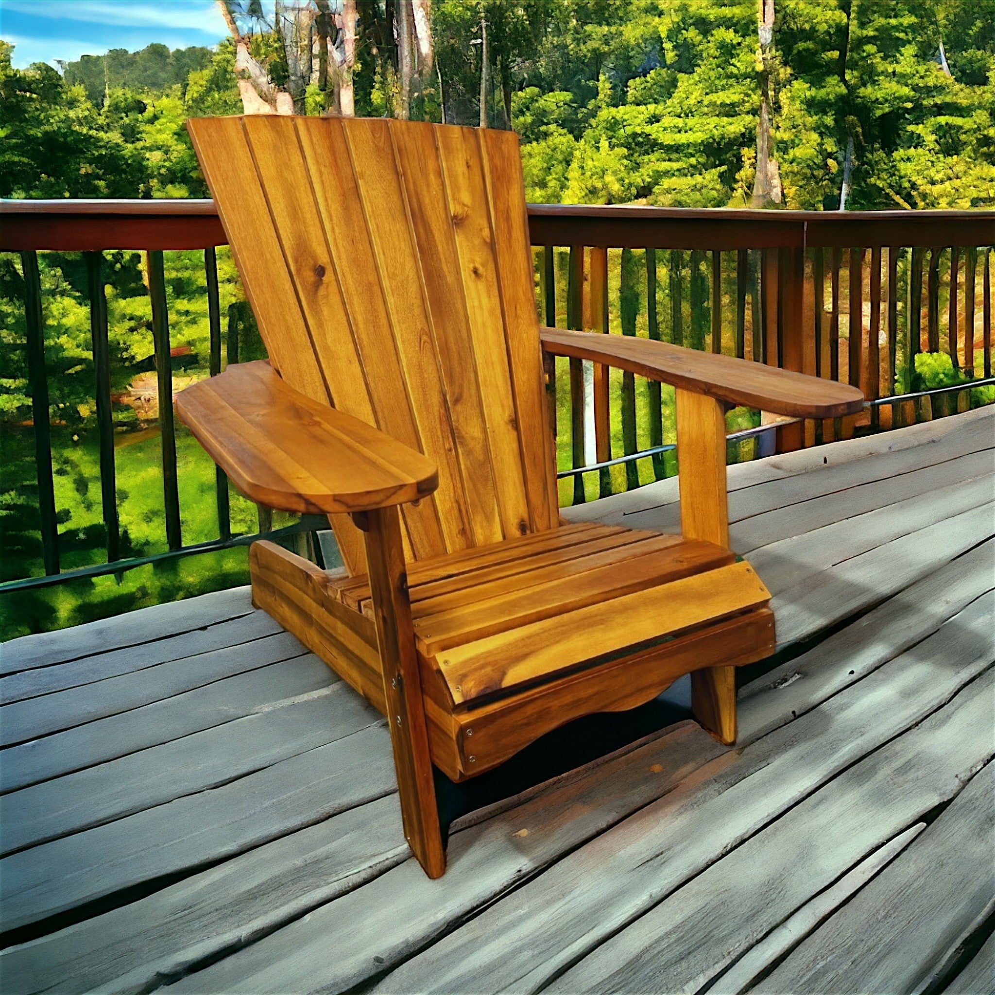 Hawaiian Discovery Furniture koa brown acacia wood Adirondack chair on a wooden deck overlooking a lush green forest