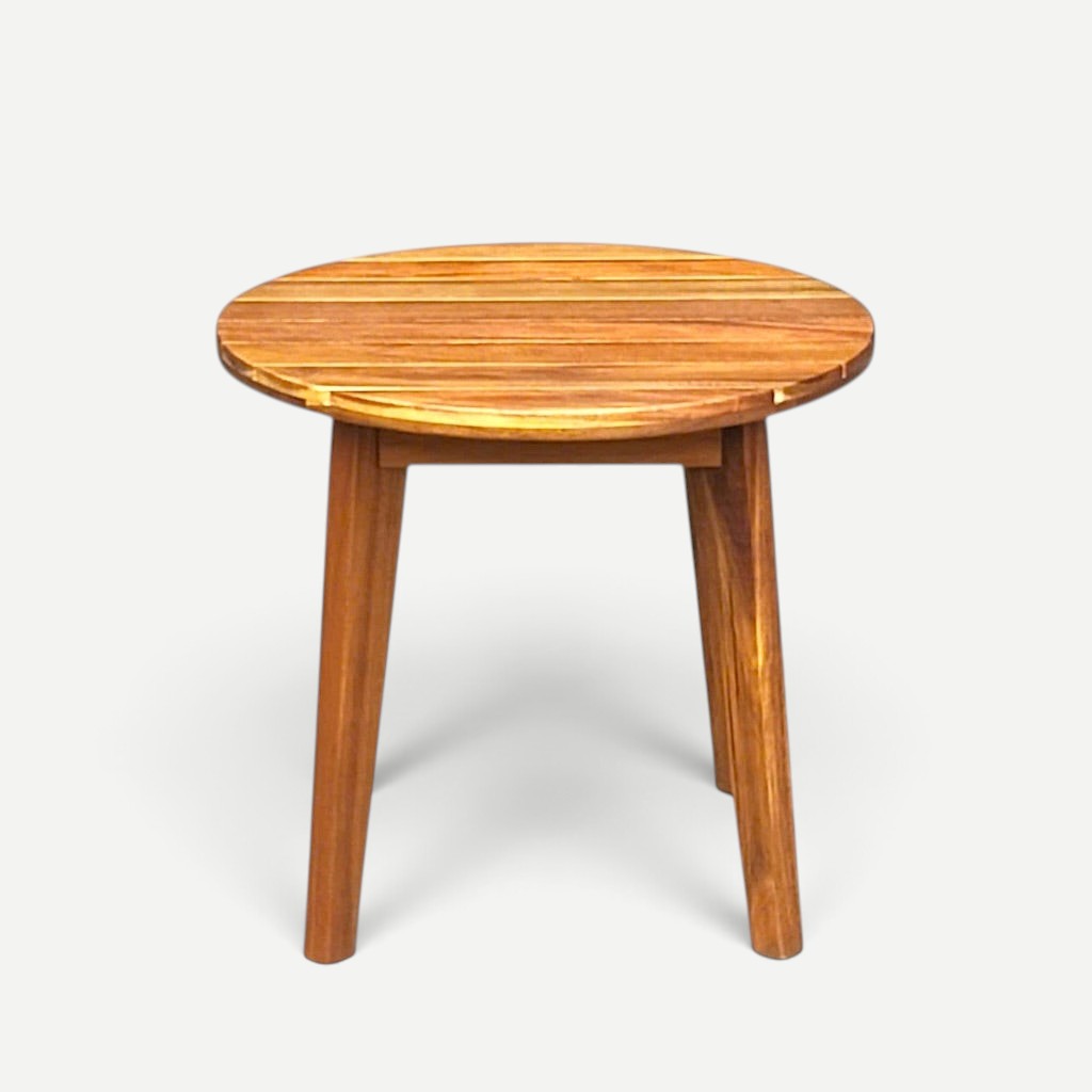 Hawaiian Discovery Furniture Iwilei round side table crafted from golden acacia wood with tapered legs.