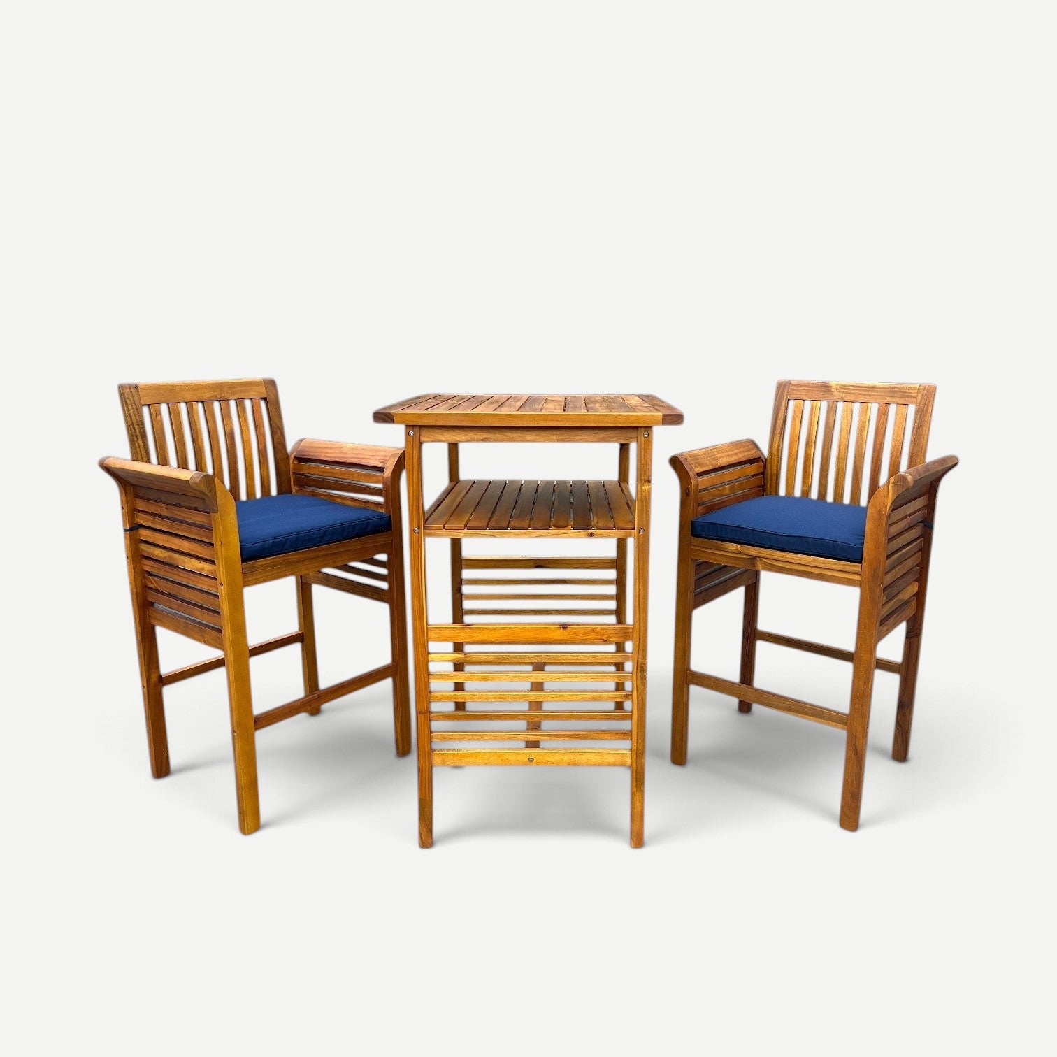 Hawaiian Discovery Furniture Riviera high bar set with acacia wood table and two stools featuring navy blue cushions