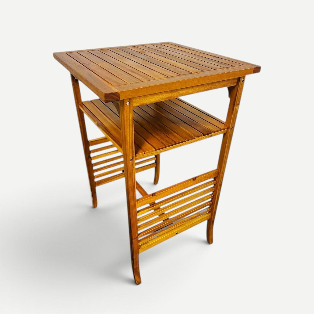 Hawaiian Discovery Furniture high bar table made of natural acacia wood with a slatted top and storage shelf