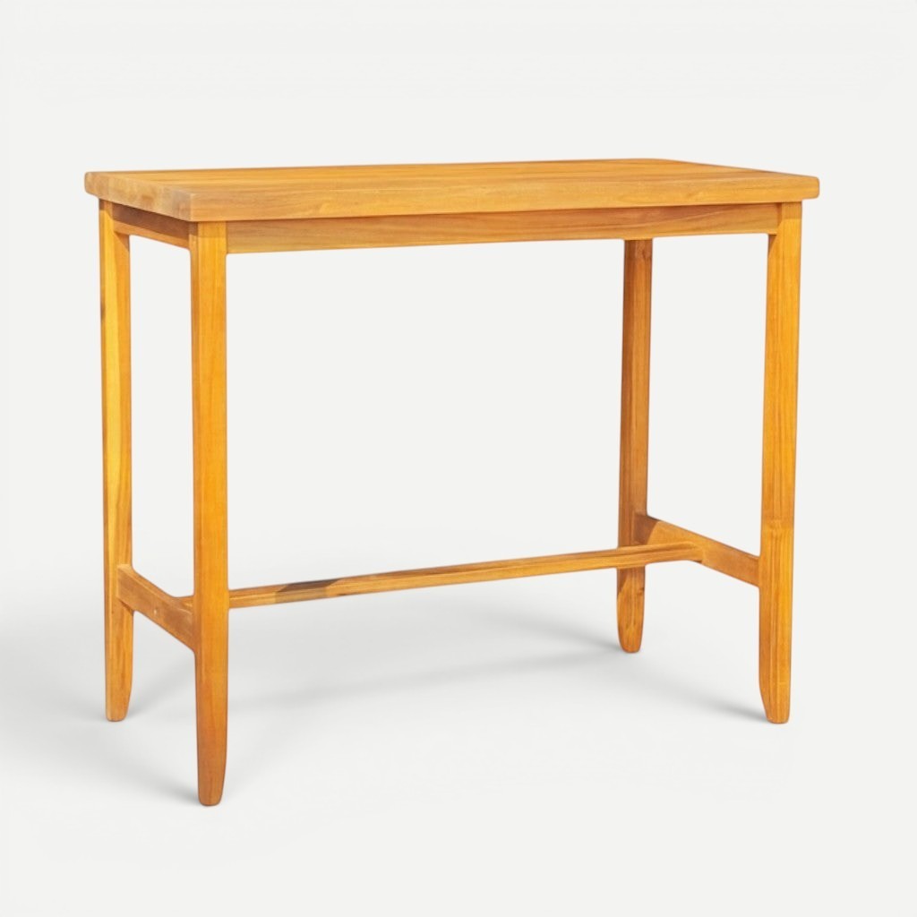 Hawaiian Discovery Furniture Nu'uanu bar table made from natural golden acacia wood with a sturdy rectangular frame.