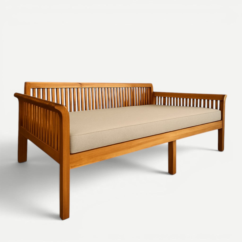 Hawaiian Discovery Furniture Riviera daybed made of acacia wood with a taupe twin-size cushion.