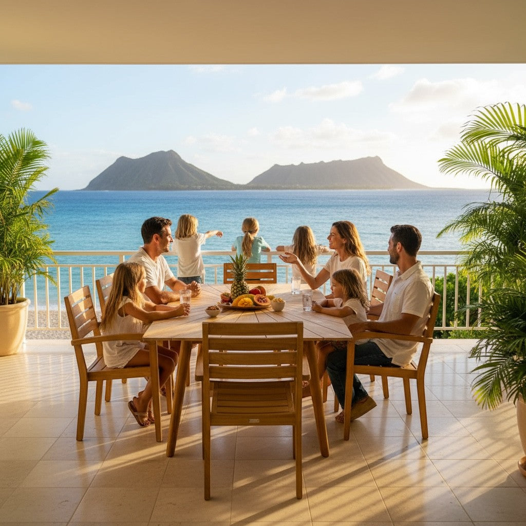 Hawaiian Discovery Furniture Cambria teak dining set with sunburst table and chairs on a scenic oceanfront patio.
