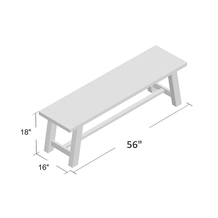 Hawaiian Discovery Furniture Haleiwa indoor dining bench made of acacia wood with dimensions shown in a line drawing.