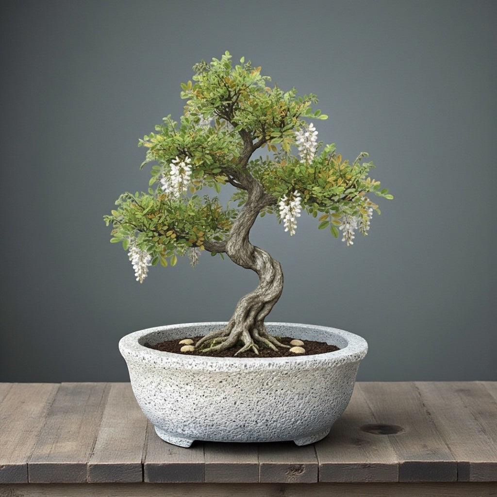 Hawaiian Discovery Furniture Kumo oval bonsai planter made of lightweight concrete and recycled foam on a wood table