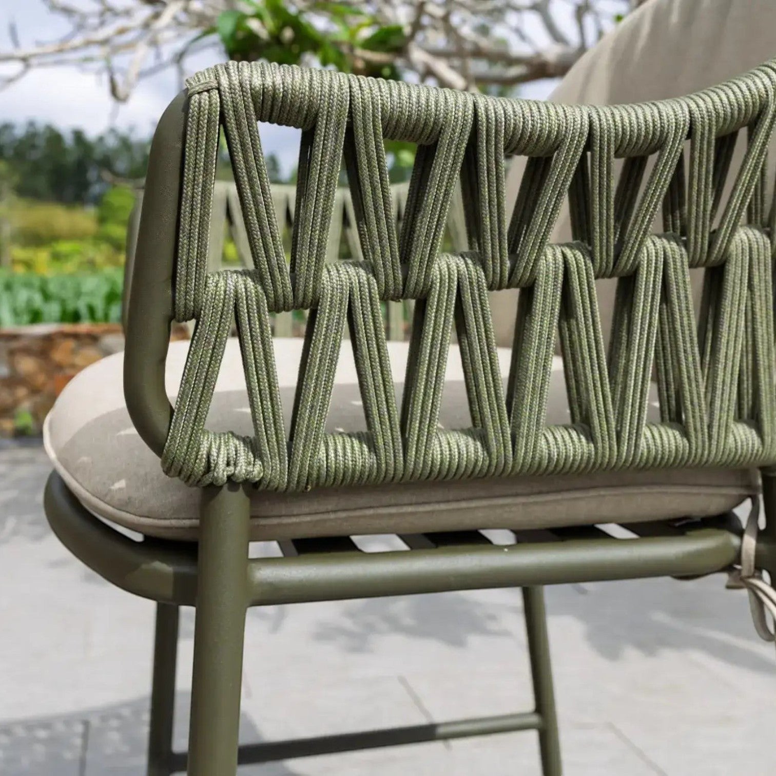 Hawaiian Discovery Furniture Moana bar chair with olive green metal frame and woven rope backrest with beige cushion