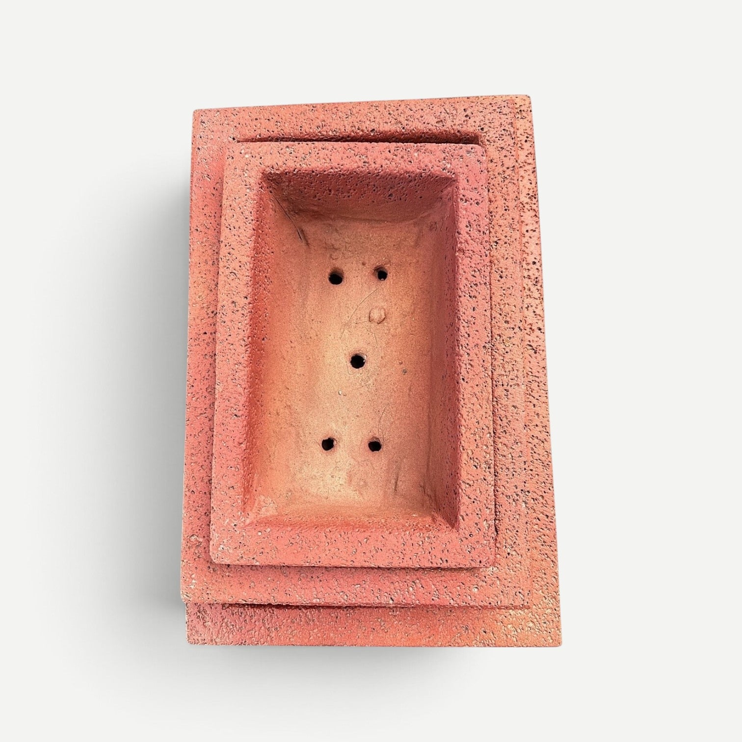Hawaiian Discovery Furniture rectangular bonsai planter made of lightweight concrete and recycled foam in terracotta