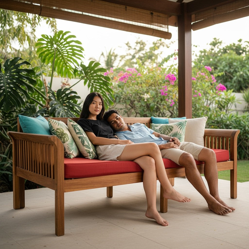 Hawaiian Discovery Furniture Riviera daybed in acacia wood with a red cushion, featuring a couple relaxing outdoors.