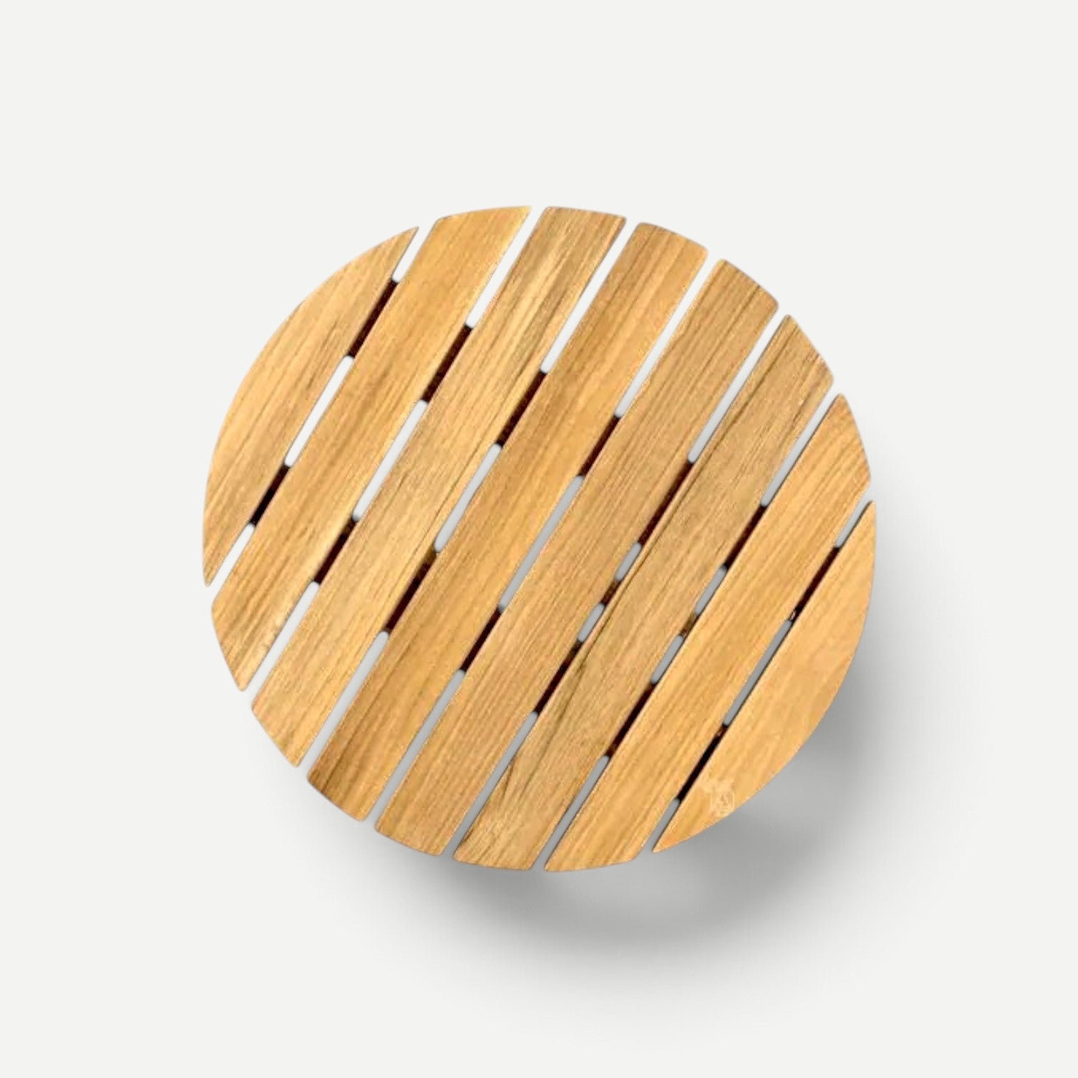 Hawaiian Discovery Furniture Tulum round teak side table with slatted top design viewed from directly above