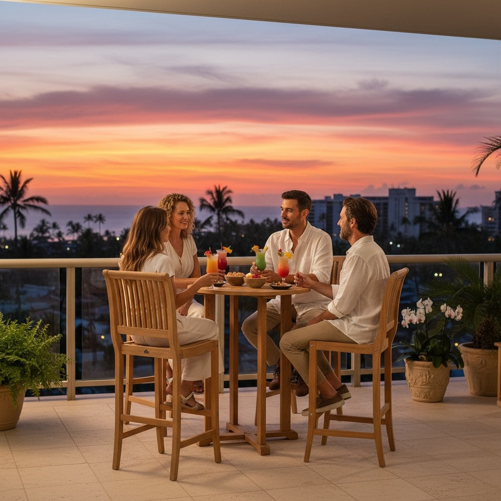 Hawaiian Discovery Furniture Palm high bar set with solid teak table and stools on a balcony at sunset.