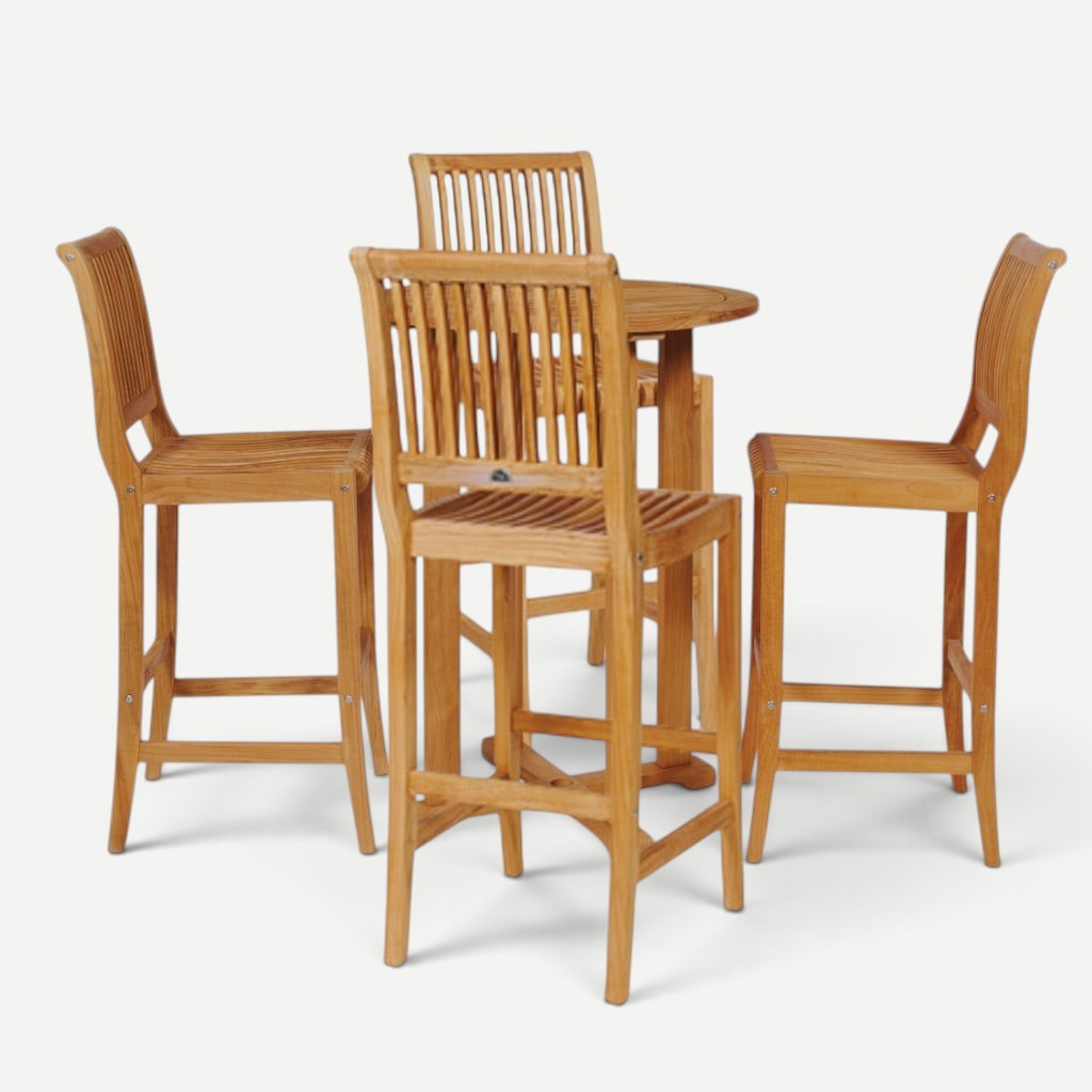 Hawaiian Discovery Furniture Palm High Bar Set featuring a round teak wood table and four slatted bar stools.