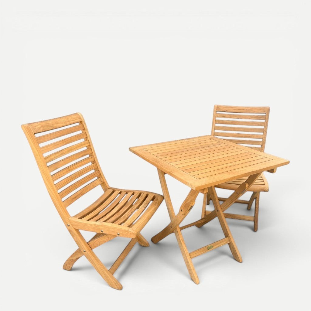 Hawaiian Discovery Furniture Kakahiaka teak bistro set with two folding chairs and a square folding table