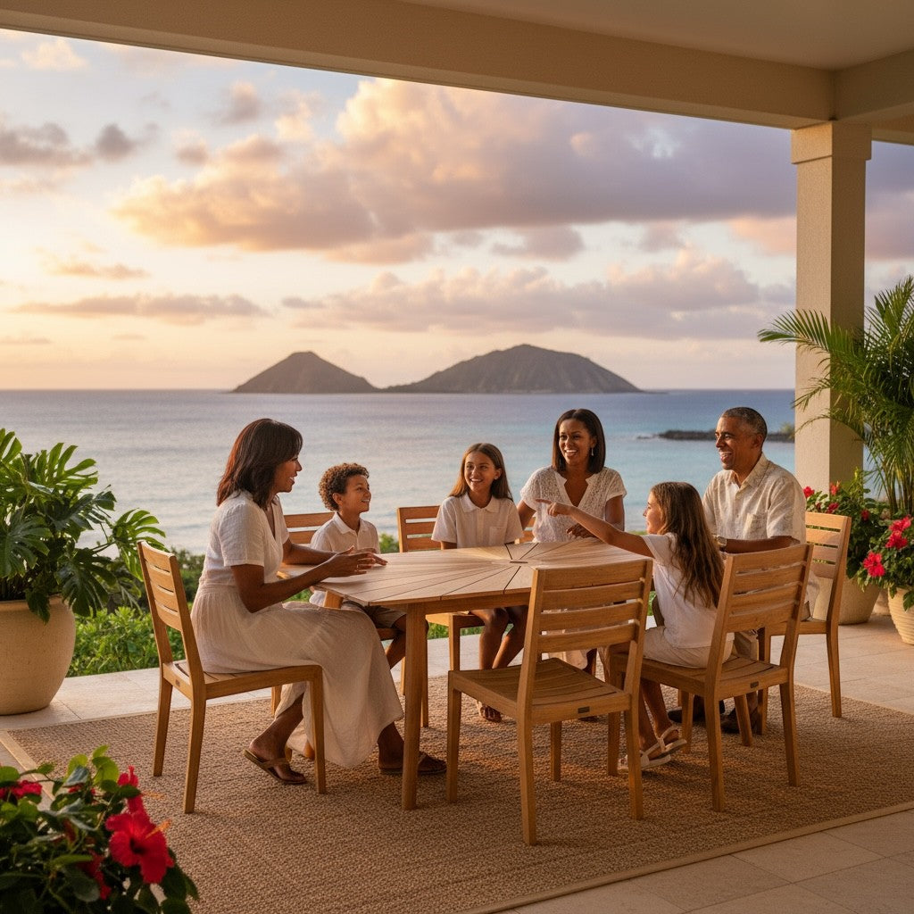 Hawaiian Discovery Furniture Cambria teak dining set with sunburst table and chairs on a patio overlooking the ocean.