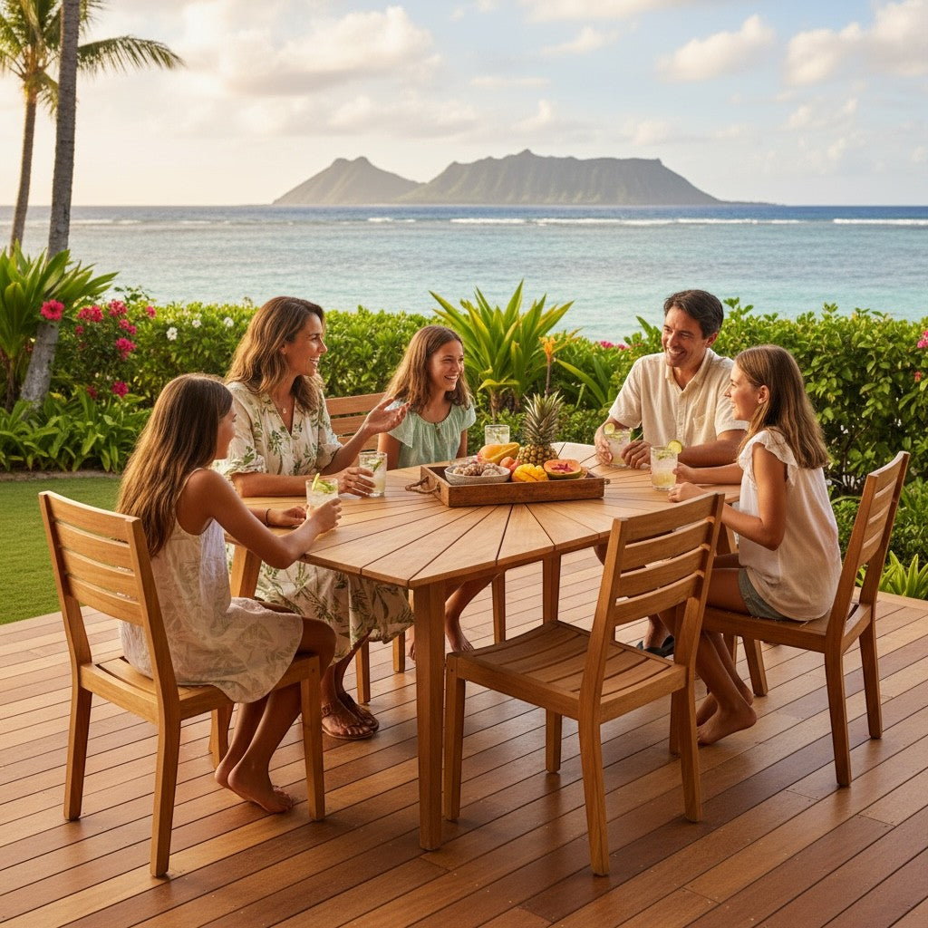 Hawaiian Discovery Furniture Cambria teak dining set with sunburst table and chairs on a patio overlooking the ocean.