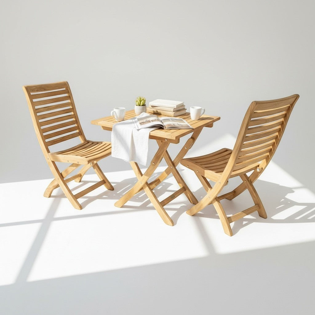 Hawaiian Discovery Furniture Kakahiaka set featuring two teak folding chairs and a square folding table.