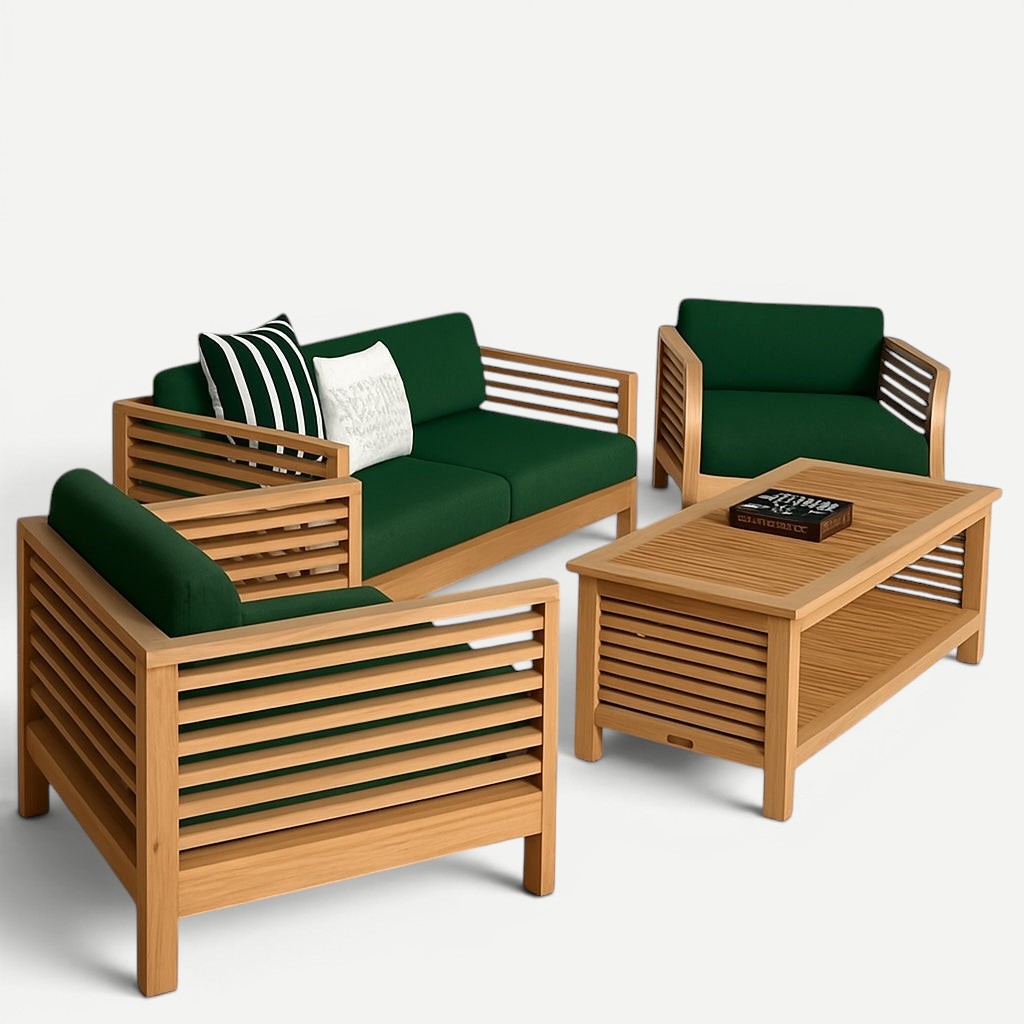 Hawaiian Discovery Furniture Summer Loveseat set with solid teak wood frames and green olefin cushions on a patio.
