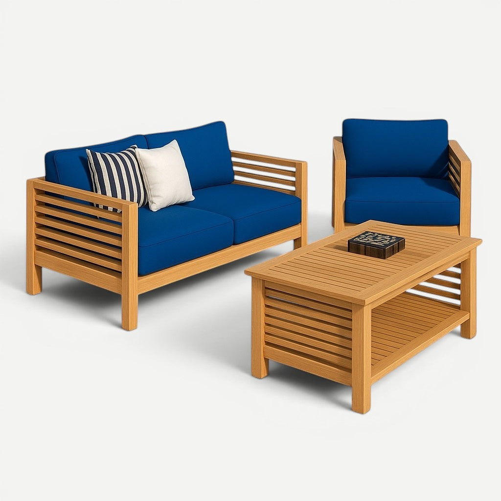Hawaiian Discovery Furniture Summer loveseat set with solid teak wood frames and vibrant blue olefin fabric cushions.