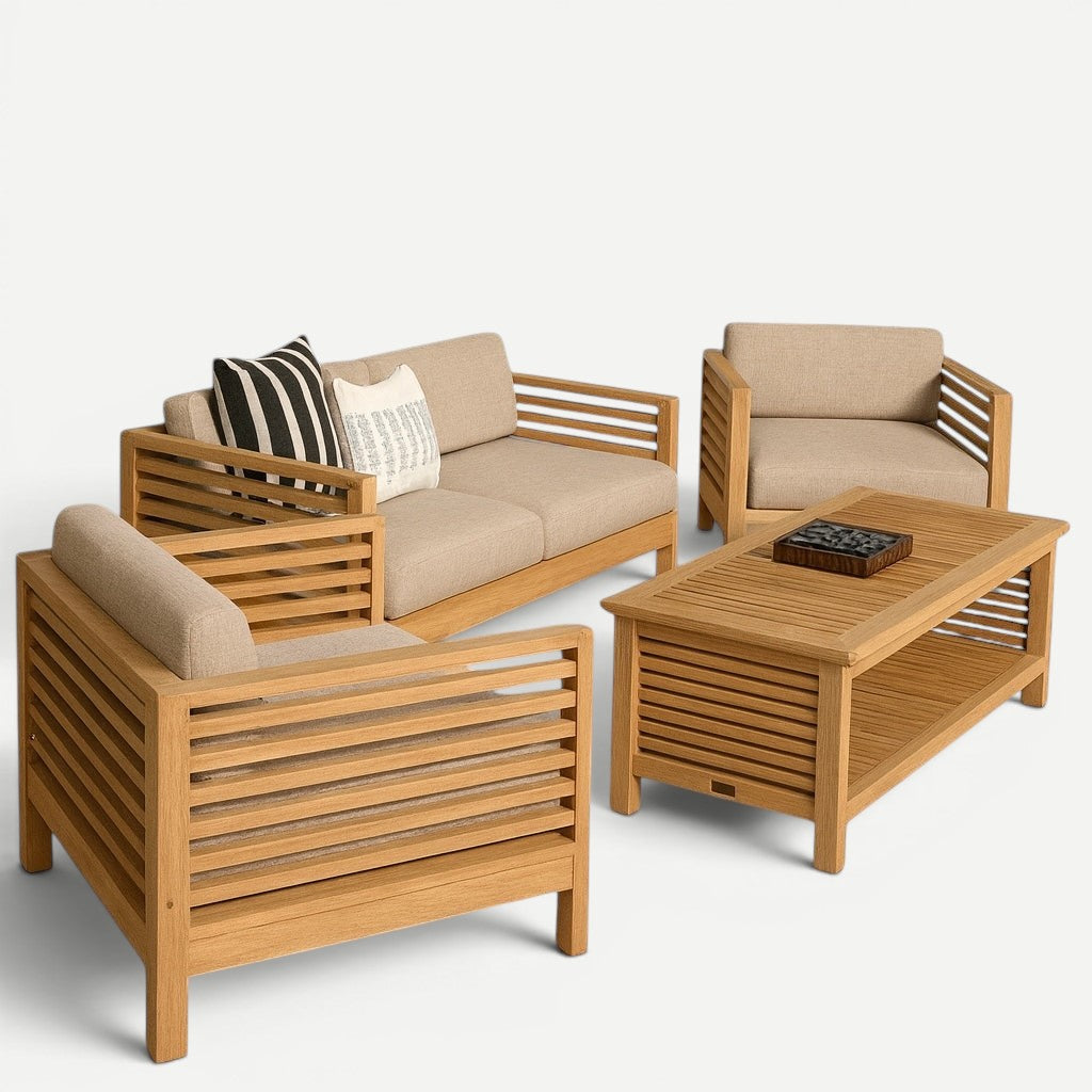 Hawaiian Discovery Furniture Summer Loveseat lounge set in solid teak wood with taupe olefin cushions and coffee table.