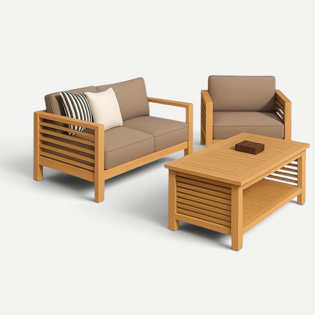 Hawaiian Discovery Furniture Summer loveseat set in solid teak wood with taupe olefin cushions and coffee table