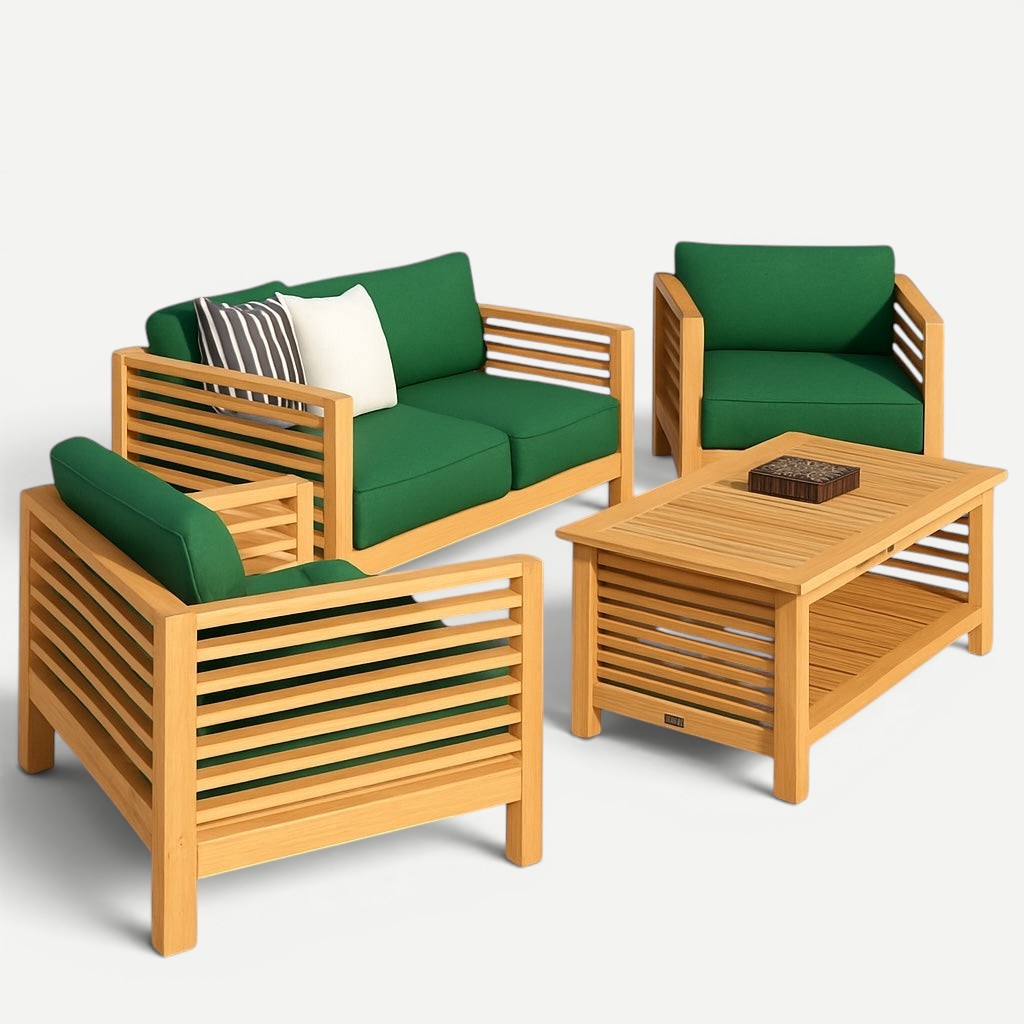 Hawaiian Discovery Furniture Summer loveseat set in solid teak wood with green olefin cushions and coffee table