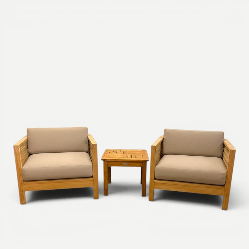 Hawaiian Discovery Furniture Summer Small Area Set featuring two teak club chairs and a matching side table with taupe cushions.