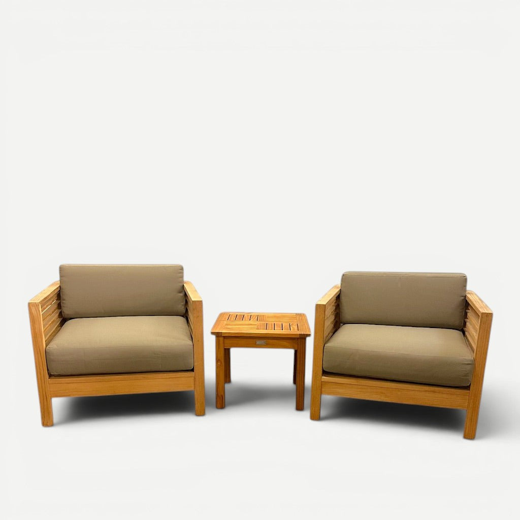 Hawaiian Discovery Furniture Summer Small Area Set with two teak club chairs and a side table with taupe cushions.