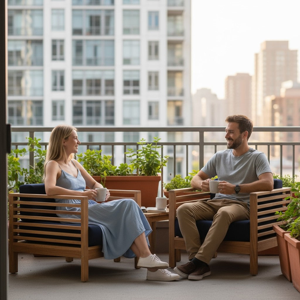 Hawaiian Discovery Furniture Summer Small Area Set with two teak club chairs and side table on a city balcony.
