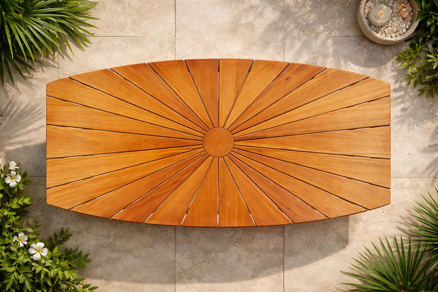 Hawaiian Discovery Furniture Cambria Sun Table featuring a boat-shaped solid teak top with a sunburst plank pattern.