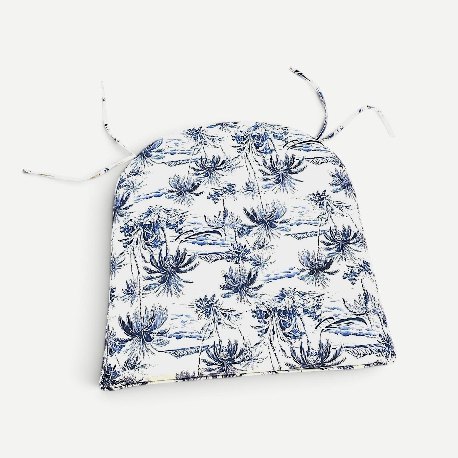 Hawaiian Discovery Furniture chair pad with blue and white tropical palm tree pattern for Haleiwa dining chairs