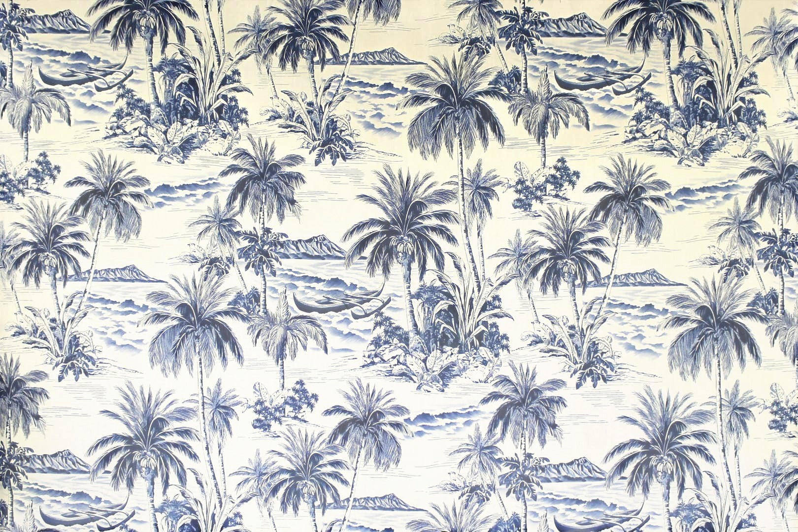 Hawaiian Discovery Furniture polyester chair pad fabric featuring a blue and white tropical palm tree island pattern