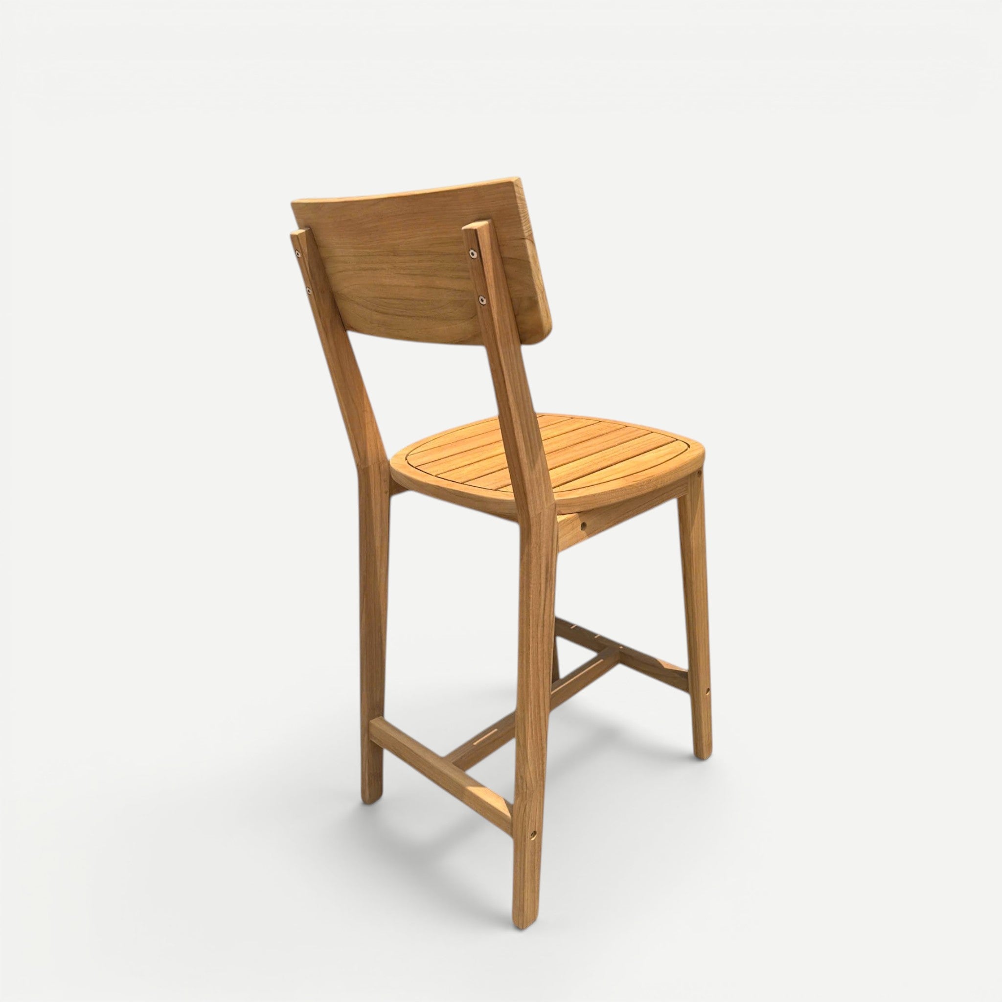 Hawaiian Discovery Furniture Wailuku teak counter stool with a slatted seat and backrest in a natural golden finish.
