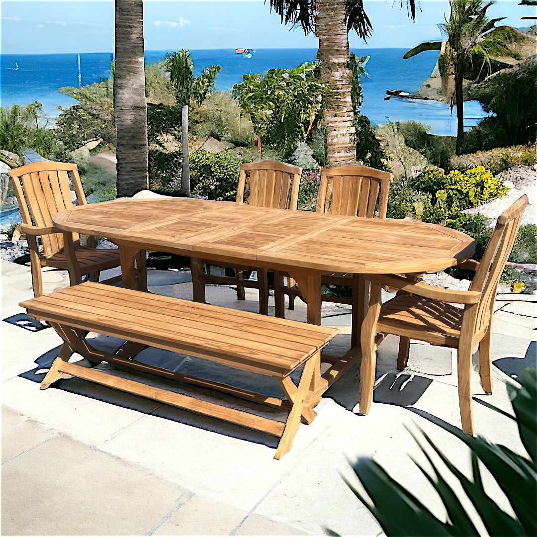 Teak Oval Extension Dining Set w/ Bench (6624378945665)