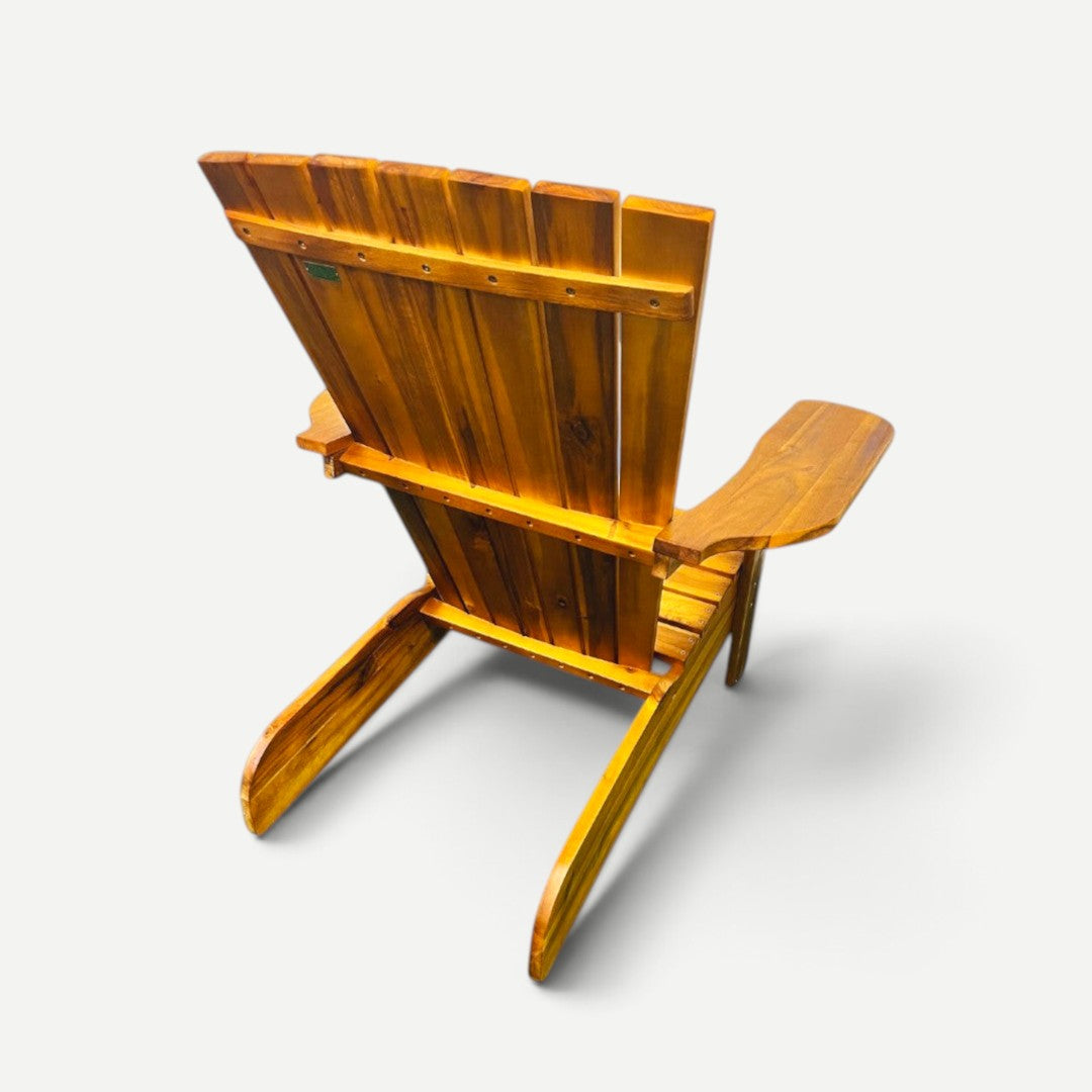 Hawaiian Discovery Furniture acacia wood Adirondack chair in koa brown finish, viewed from the back.