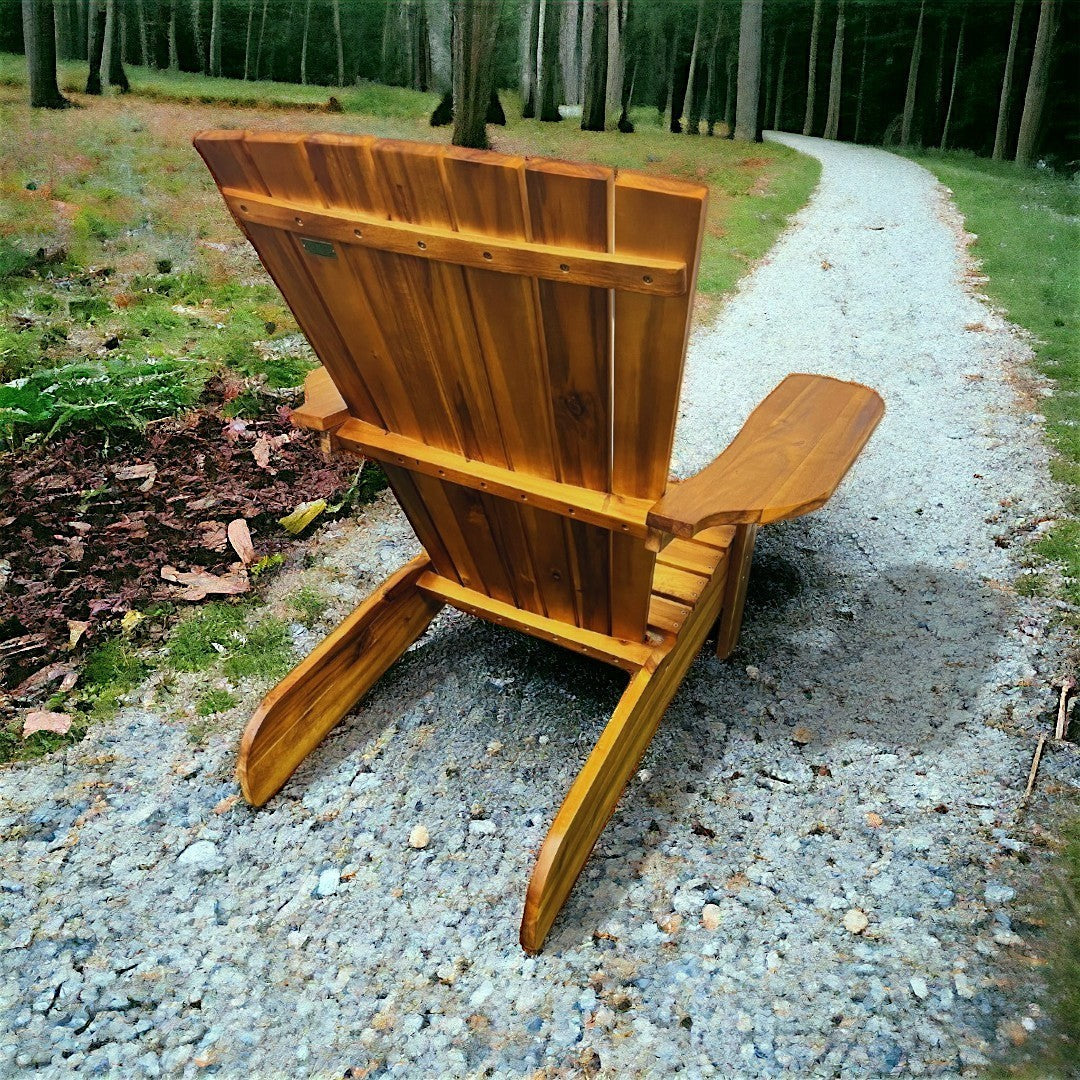 Hawaiian Discovery Furniture handmade acacia wood Adirondack chair in koa brown finish, viewed from the back.