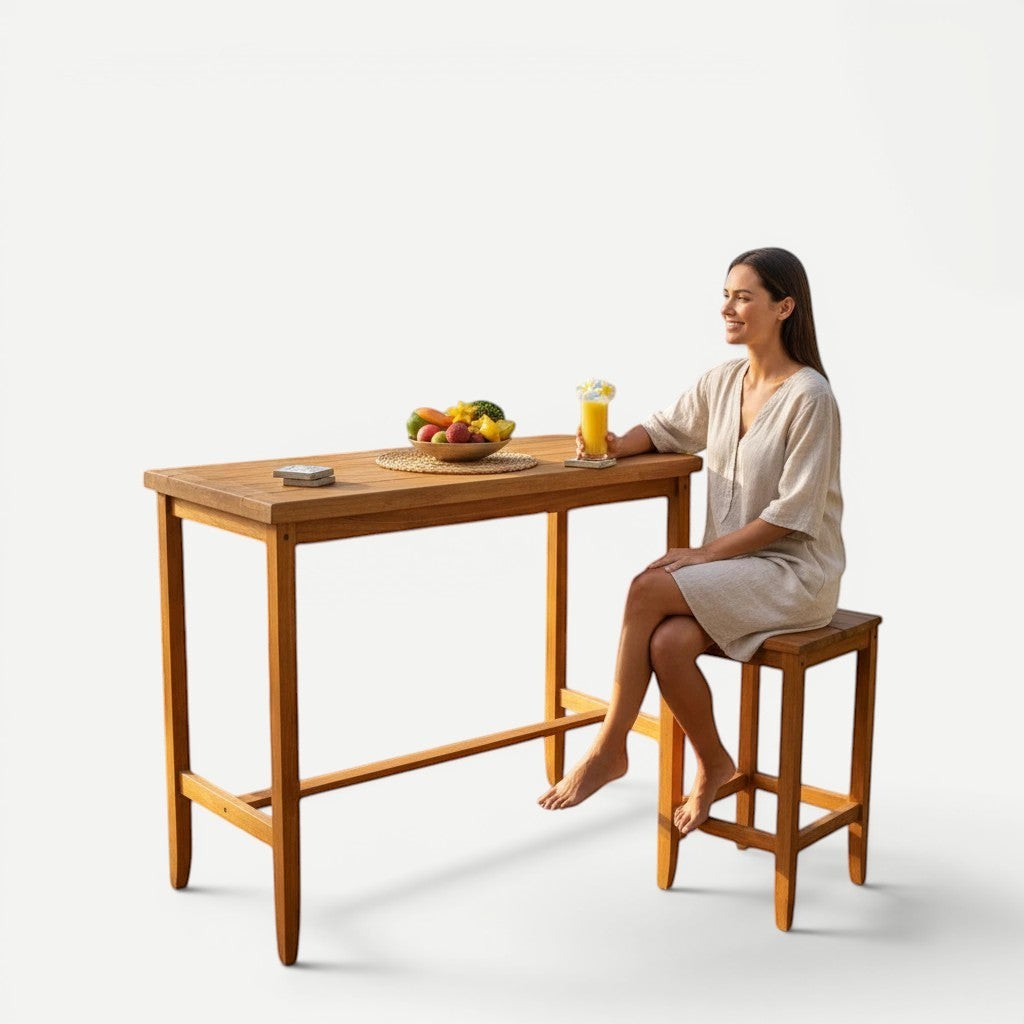 Hawaiian Discovery Furniture Nu'uanu bar table made of acacia wood with a live edge, shown with a woman sitting on a stool