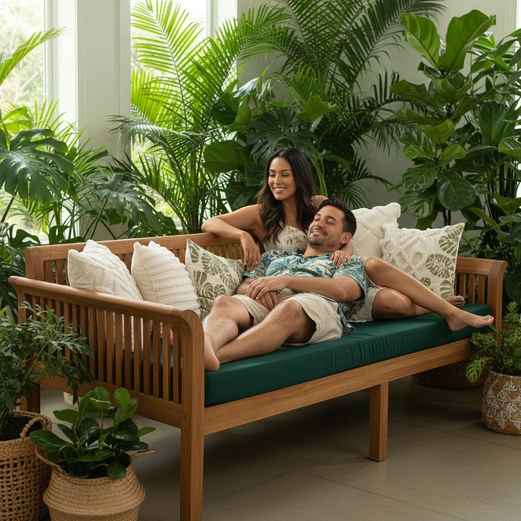 Hawaiian Discovery Furniture Riviera Daybed in acacia wood with a dark green twin cushion, featuring a couple relaxing.
