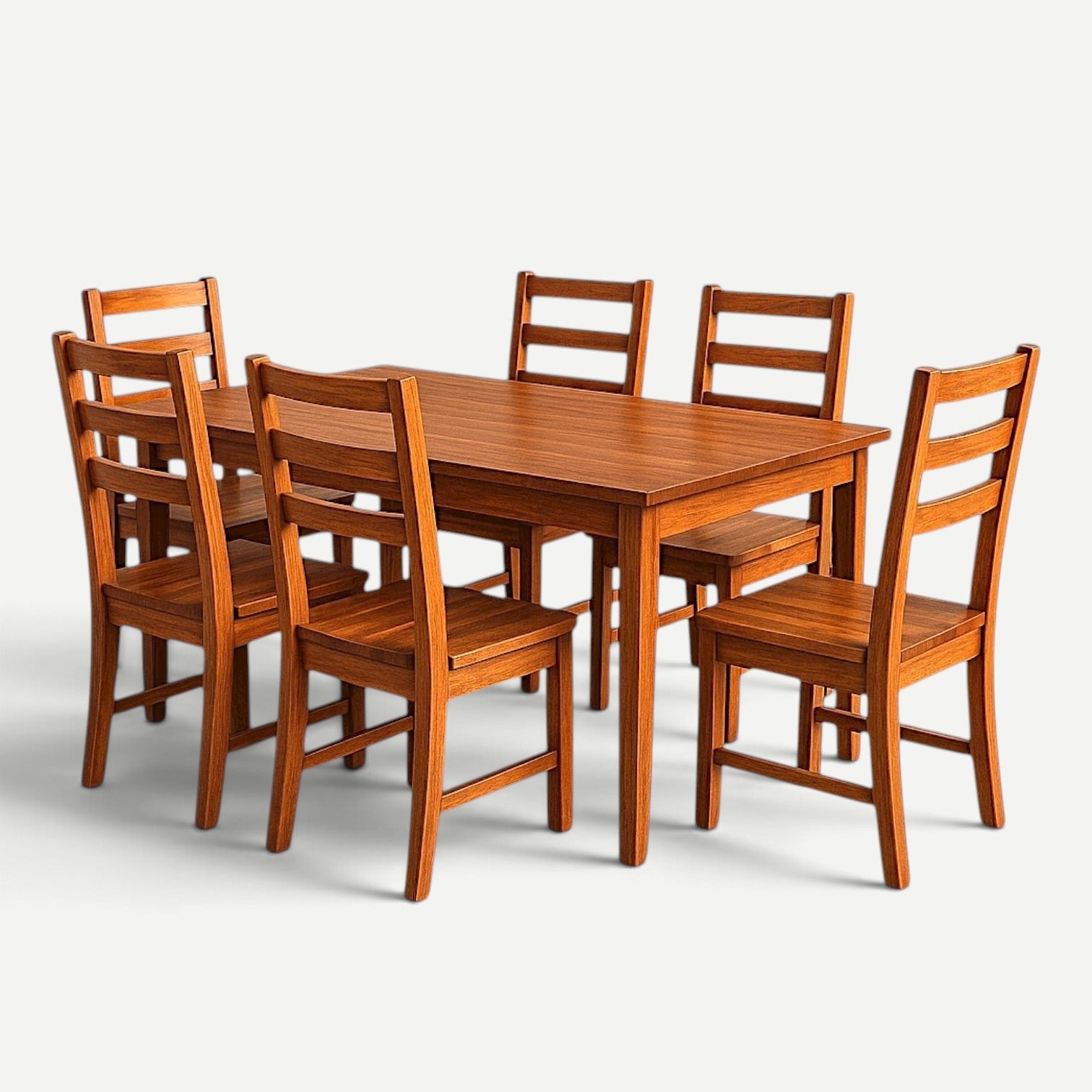 Hawaiian Discovery Furniture Molokai six-seater dining table set in warm acacia wood with matching ladder-back chairs