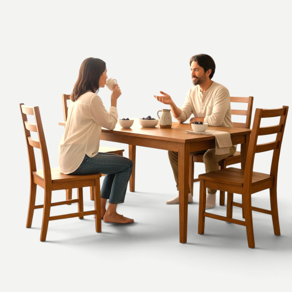Hawaiian Discovery Furniture Molokai faux edge acacia wood dining table with six chairs and a couple dining