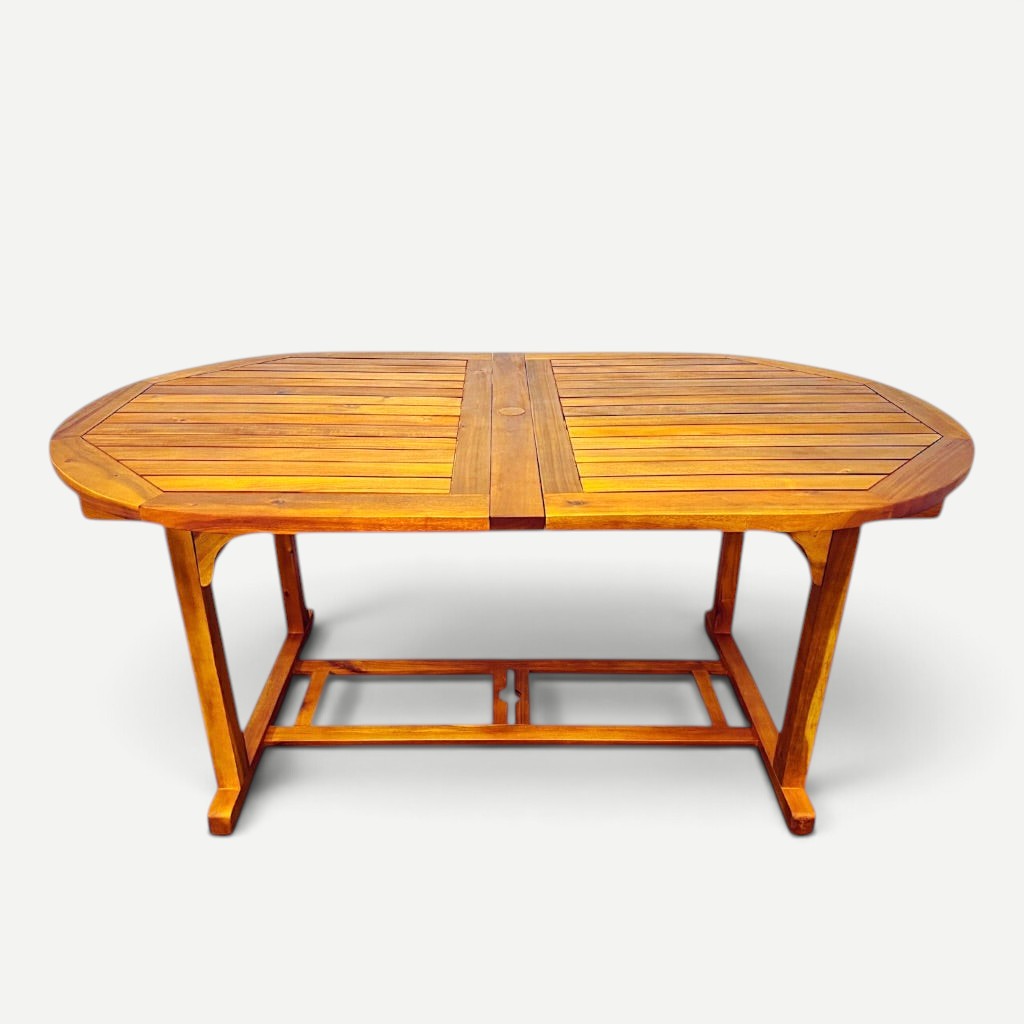 Hawaiian Discovery Furniture oval extension table made of natural plantation-grown acacia wood for indoor or outdoor use