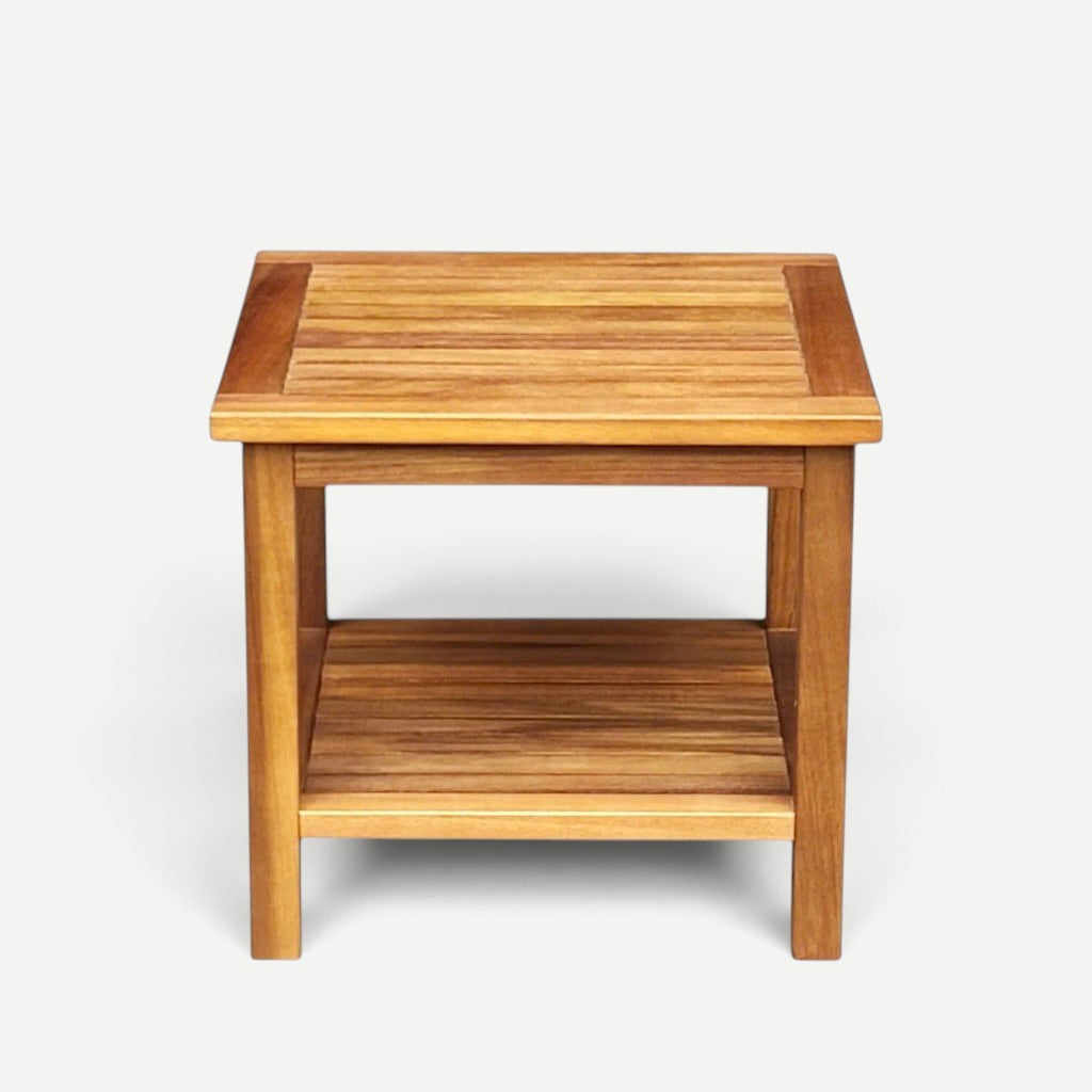 Hawaiian Discovery Furniture Papa square side table made of golden-brown acacia wood with a lower storage shelf.
