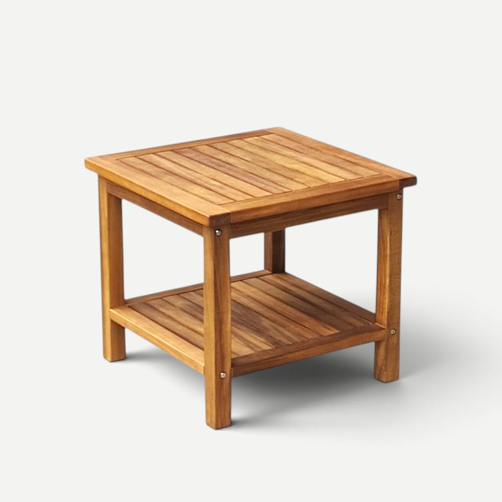 Hawaiian Discovery Furniture Papa square side table made of golden-brown acacia wood with a slatted top and shelf.