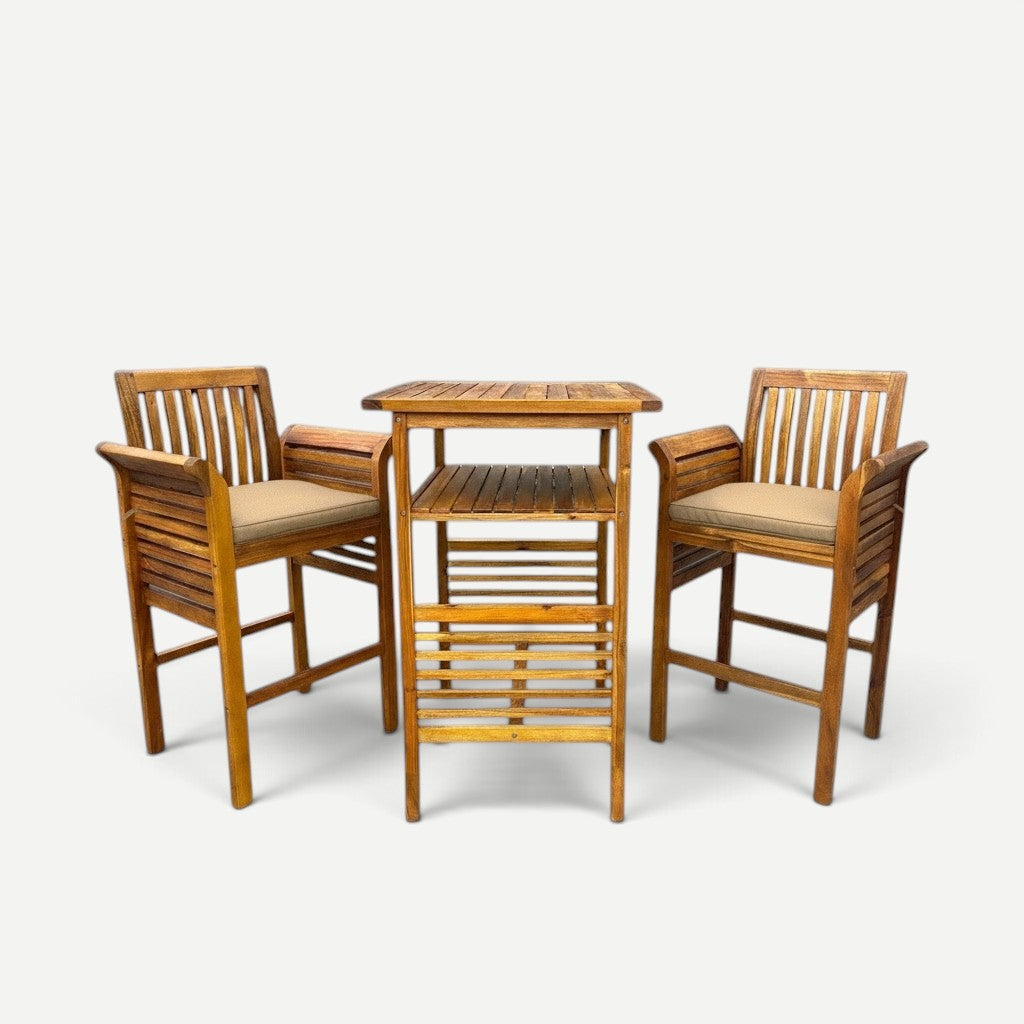 Hawaiian Discovery Furniture Riviera High Bar Set with two acacia wood stools and a square bar table in coffee brown.