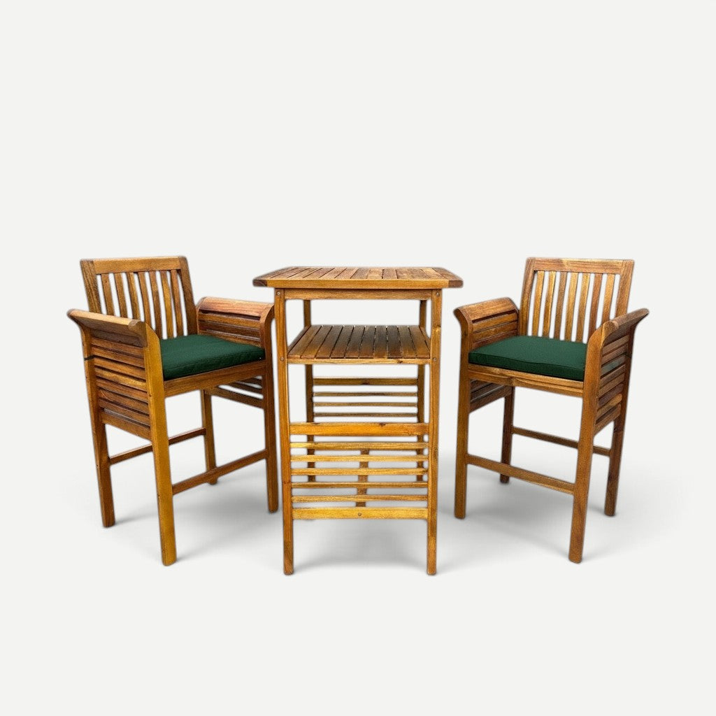 Hawaiian Discovery Furniture Riviera High Bar Set with two acacia wood stools and a matching table with green cushions
