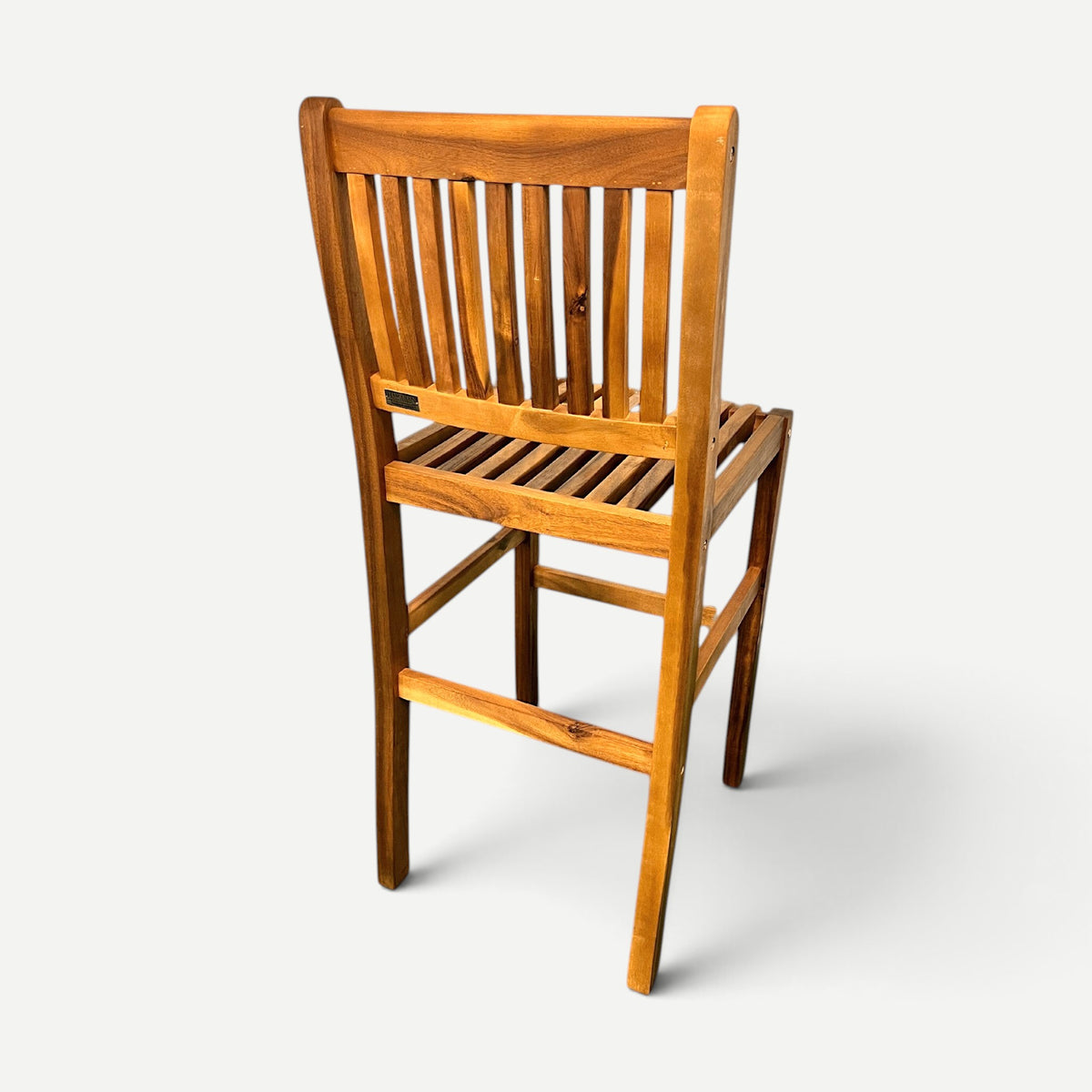 Hawaiian Discovery Furniture high bar stool made from natural plantation-grown acacia wood with a slatted backrest