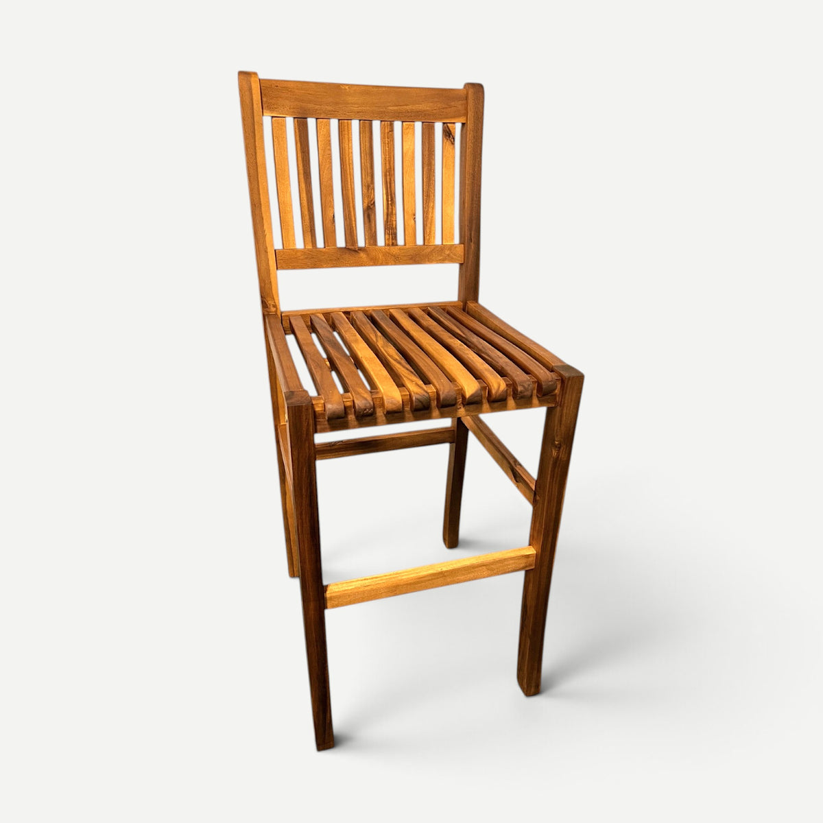 Hawaiian Discovery Furniture high bar stool made from plantation-grown acacia wood with a slatted seat and backrest.