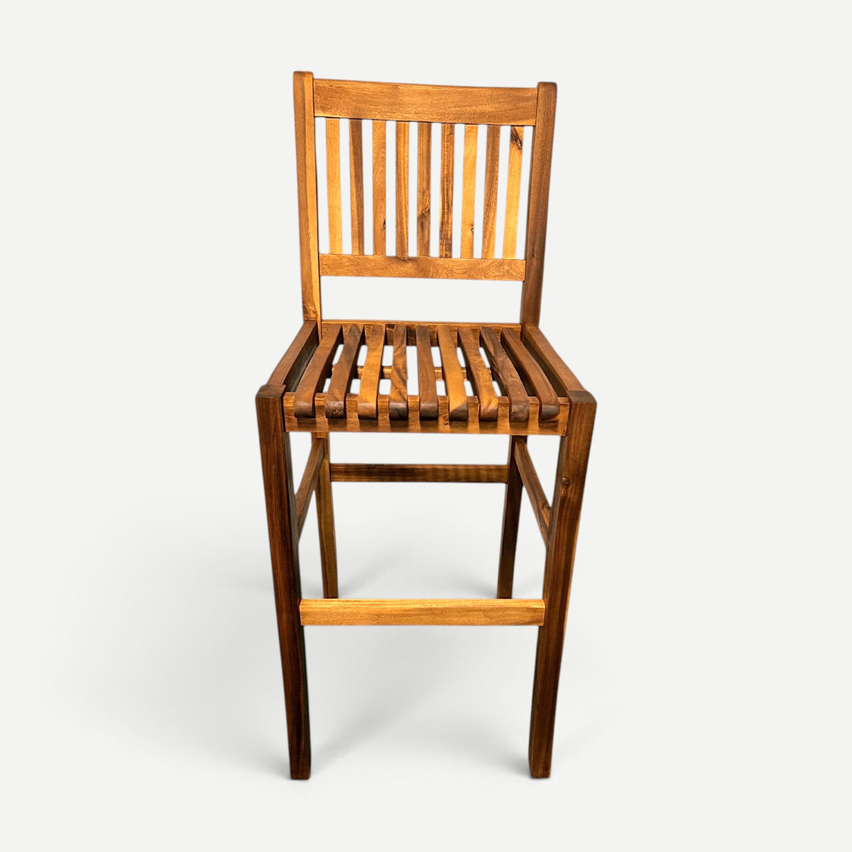 Hawaiian Discovery Furniture high bar stool crafted from natural plantation-grown acacia wood with a slatted design.