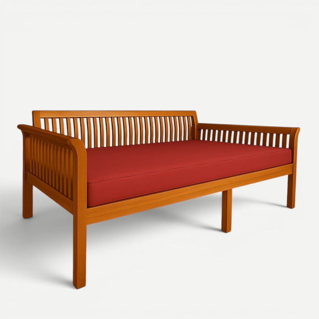 Hawaiian Discovery Furniture Riviera daybed made of acacia wood with a burgundy twin-size cushion.