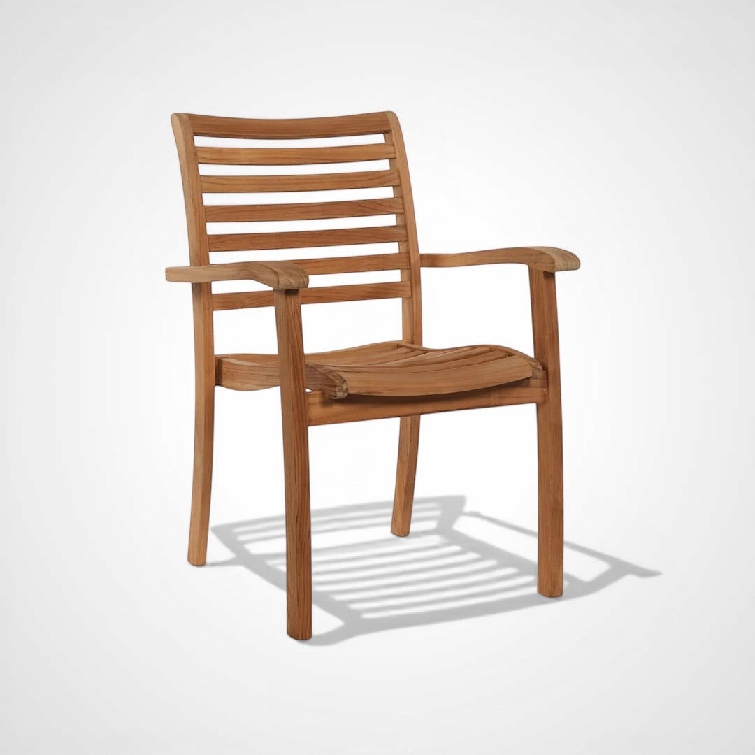 Hawaiian Discovery Furniture Birmingham stacking armchair in natural honey-colored premium teak with curved slats.