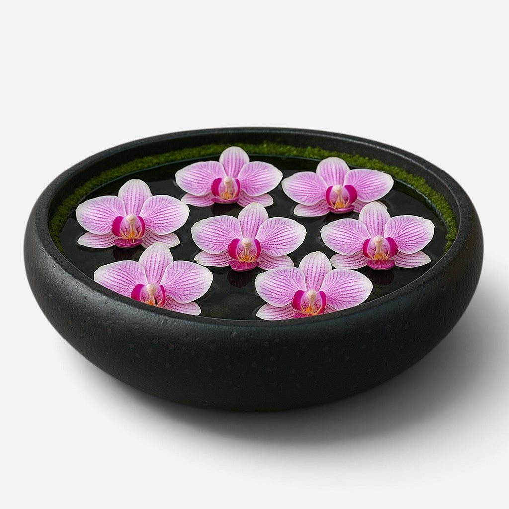 Hawaiian Discovery Furniture Calabash terrazzo bowl filled with water and floating pink orchid blossoms