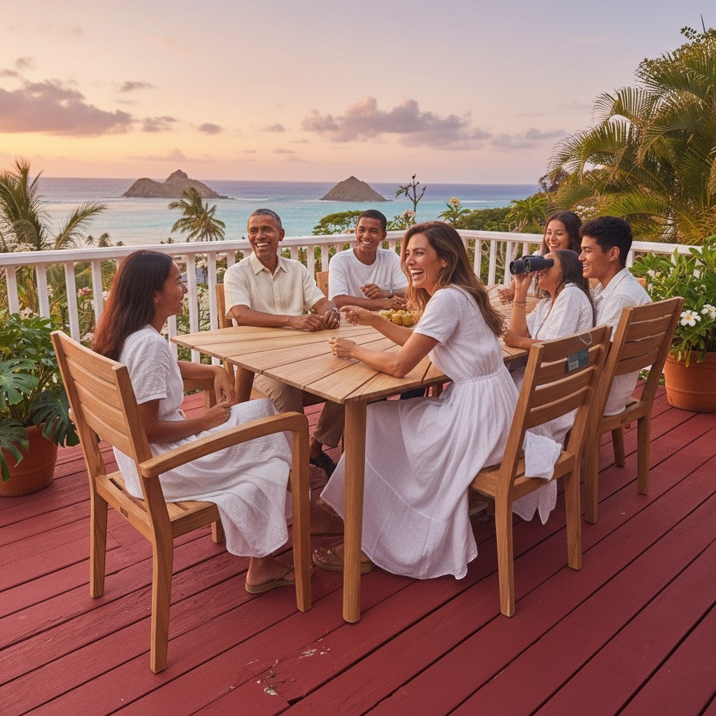 Hawaiian Discovery Furniture Cambria teak dining set with sunburst table and chairs on a scenic outdoor patio deck